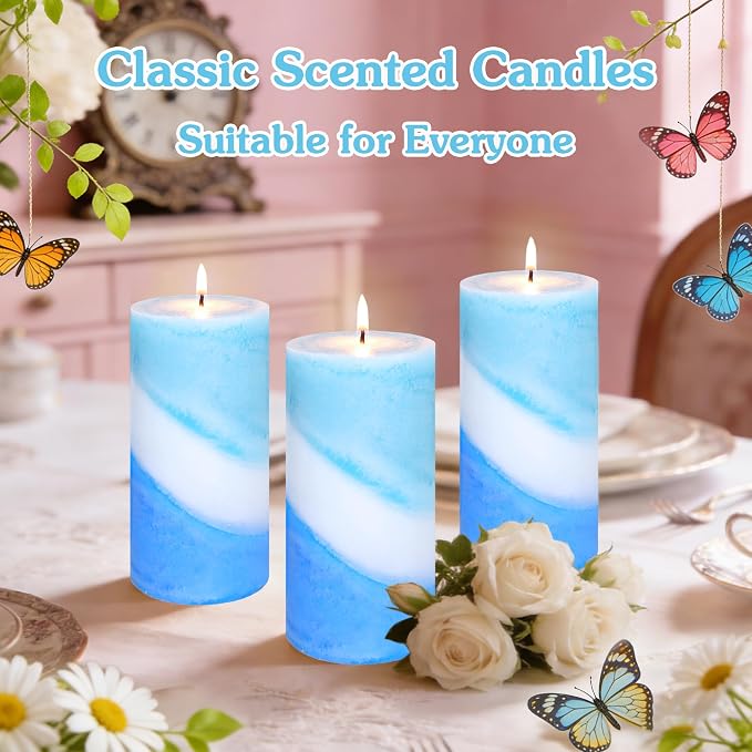 Ocean Scented Pillar Candles, Blue and White Striped Candles, 3x6 Inch, 100% Cotton Core Paraffin Wax Candles, Handmade Aromatherapy Candles Decorative for Gift & Home Decor, Set of 3