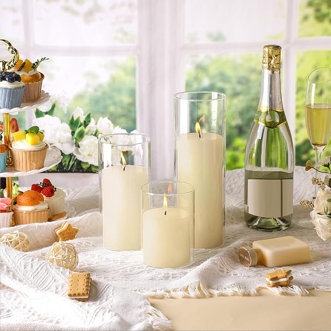 Shihanee Set of 6 Pillar Candles with Glass Cylinder Vases Clear Cylinder Hurricane Candleholders for Slim Tall Pillar Candles Wedding Table Centerpieces(3'' X 5.9", 7.9", 9.8",Ivory)