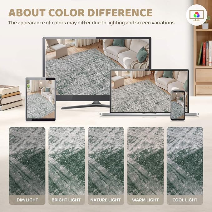 UERMEI 8x10 Washable Area Rug for Living Room: Modern Neutral Abstract Large Soft Low Pile Carpet Non-Slip Pet Kids Friendly Indoor Decor for Bedroom Dining Room Home Office Nursery Grey/Green