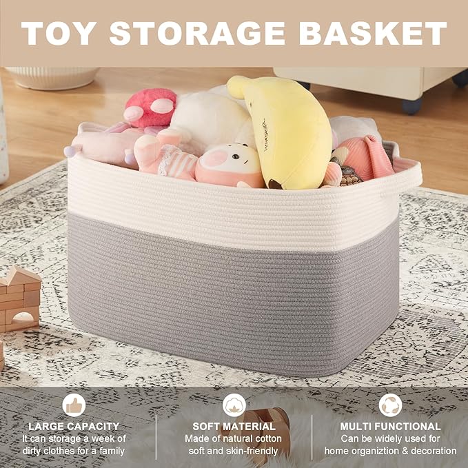 Extra Large Laundry Basket, 95L Blanket Basket for Living Room, Cotton Rope Toy Storage for Kids, Woven Baskets for Clothes, Towels, Pillows, 24" x 17" x 14", Grey and White (Pack of 2)