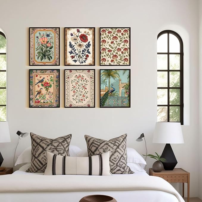 Indian Wall Art Vintage Floral Canvas Poster India Wall Decor Folk Flower Prints Scandinavian Pictures Antique Botanical Painting Gallery Artwork for Bedroom Living Room 8x10 Inch Unframed Set of 6