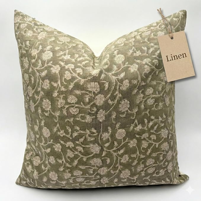 Linen Throw Pillow Covers 20x20 inch Floral Pillows Green Spring Decorative Pillow Covers for Living Room, Bedroom