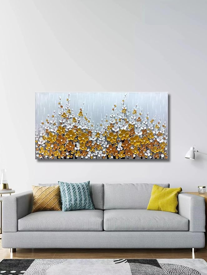 Yika Art Paintings - 24X48 Inch 3D Golden Silver Flower Tree Wall Art Abstract Textured Knife Platte Acrylic Painting on Canvas 3D Flowers Tree Paintings Ready to hang