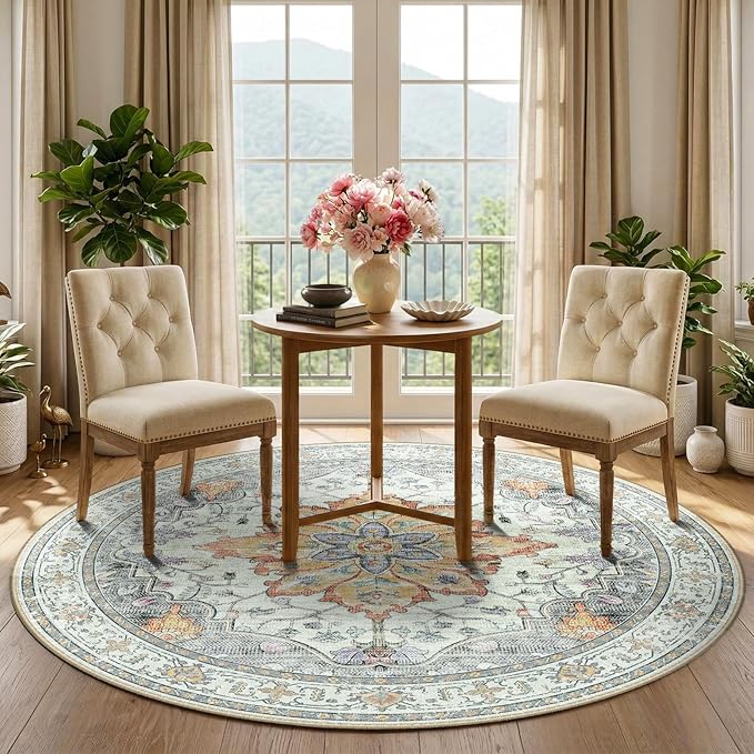 RELEANY Area Rugs 5ft Washable Non-Slip, Floral Vintage Distress Print Pattern Medallion Carpet for Living Room Bedroom Dining Room, Light Yellow Carbon Grey Orange