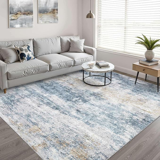 7x9 Area Rug Living Room: Washable Large Neutral Rug Abstract Soft Modern Stain Resistant Indoor Floor Non-Slip Carpet for Bedroom Nursery Kids Office Playroom Dining Room Under Table- Blue Gold
