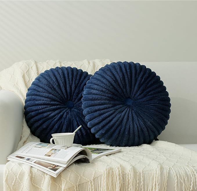 HIG Decorative Round Throw Pillows for Bed Couch -Set of 2 Handcraft Ruched Pumpkin Pillow, Soft and Durable Flannel Floor Pillow for Home Decor, Bed Living Room and Sofa (Navy,14.5"x14.5")