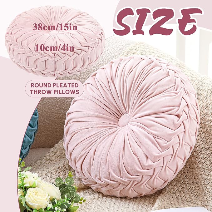 Drydiet 1 Pcs Round Throw Velvet Pillows Decorative Pleated Throw Pillows Diameter Accent Pumpkin Boho Chair Cushion for Couch Sofa Home Decoration (Pink,15'')