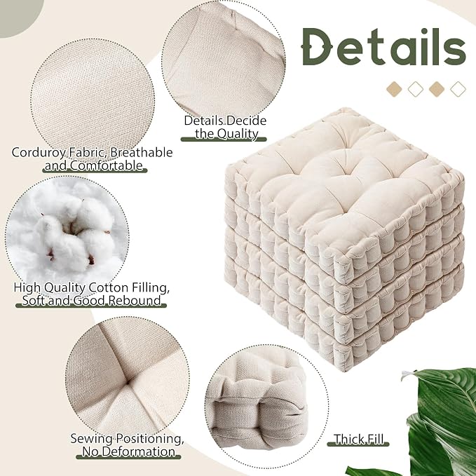 Jerify 4 Pcs Floor Pillow Cushions Large Round Square Large Meditation Floor Pillow for Classroom Adult Meditation Picnic Party Seating Learning Daycare School (Square 20 x 20,Ivory White)