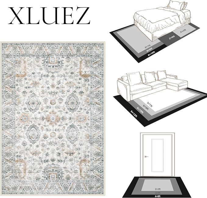 XLUEZ Area Rug 10x12 Living Room Rugs, Machine Washable Vintage Distressed Boho Area Rug Non-Slip Soft Low Pile Large Indoor Rugs for Bedroom Kitchen Dining Room Office(Brown Green,10'x12')