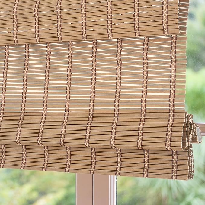 Cordless Woven Wood Roman Shades, 21" W x 48" H, Natural Caramel Brown | Light Filtering Bamboo Shades for Indoor Windows, Privacy Blinds for Bedroom Living Room Kitchen, Easy Install