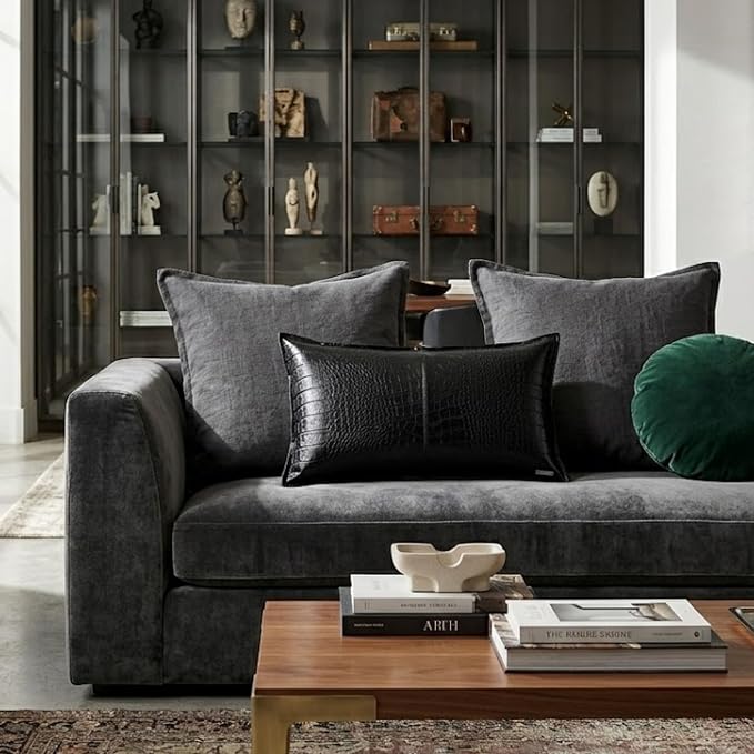Genuine Leather Pillow Cover Case for Lumbar Throw Couch Pillows - Modern Farmhouse Decorative Sofa Thick & Soft Cushion Covers (Croc Black, 12" x 20")