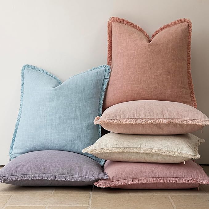 Foindtower Set of 2 Decorative Linen Fringe Throw Pillow Covers Cozy Boho Farmhouse Cushion Cover with Tassels Soft Accent Pillowcase for Couch Sofa Bed Living Room Home Decor,18×18 Inch,Coral Pink