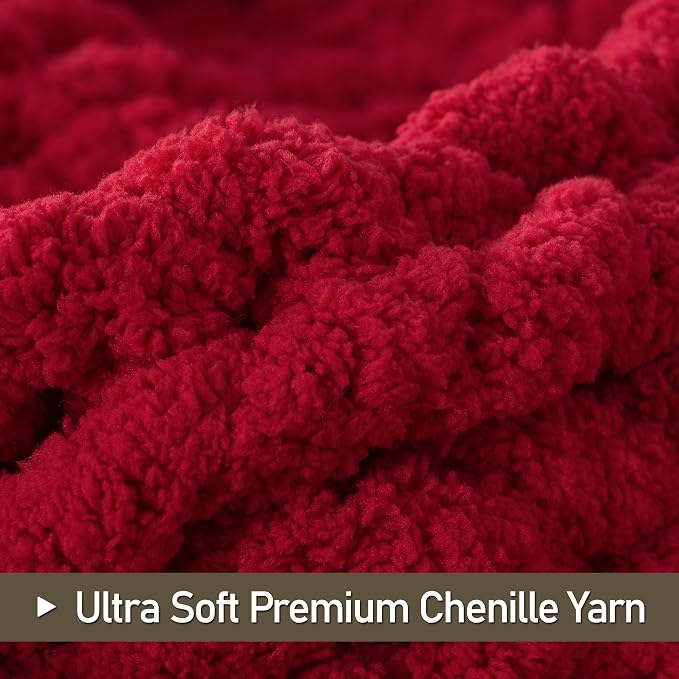 Chunky Knit Throw Blanket 50x60, 100% Handmade Chenille Yarn | 4.4lbs Soft Thick Cable Knitted Blankets, Large Rope Knot Crochet Throws for Couch Sofa Bed Christmas Fall Decor, Red