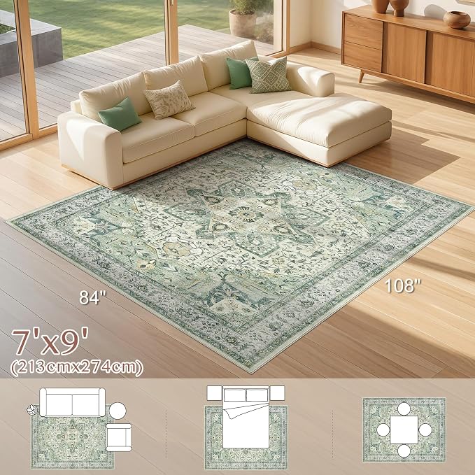 Tortania Area Rug Living Room Rugs - 7x9 Washable Boho Rug Vintage Oriental Distressed Farmhouse Large Thin Indoor Carpet for Living Room Bedroom Under Dining Table Home Office - Green