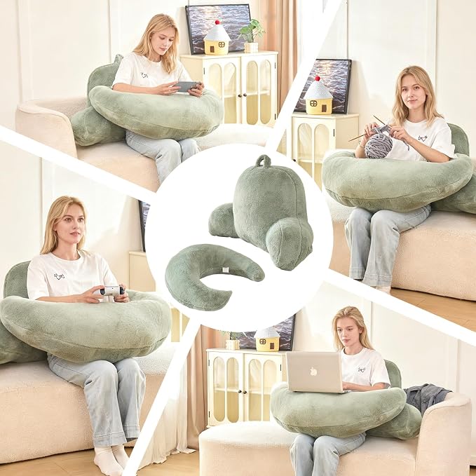 19" Reading Pillow for Bed,U Shaped Arm & Elbow Support,Green Faux Fur | Backrest Supports Back,U Shaped Lap Pillow Cushions Arms,Elbows & Wrists,Plush Faux Fur for Reading,Gaming,Watching TV