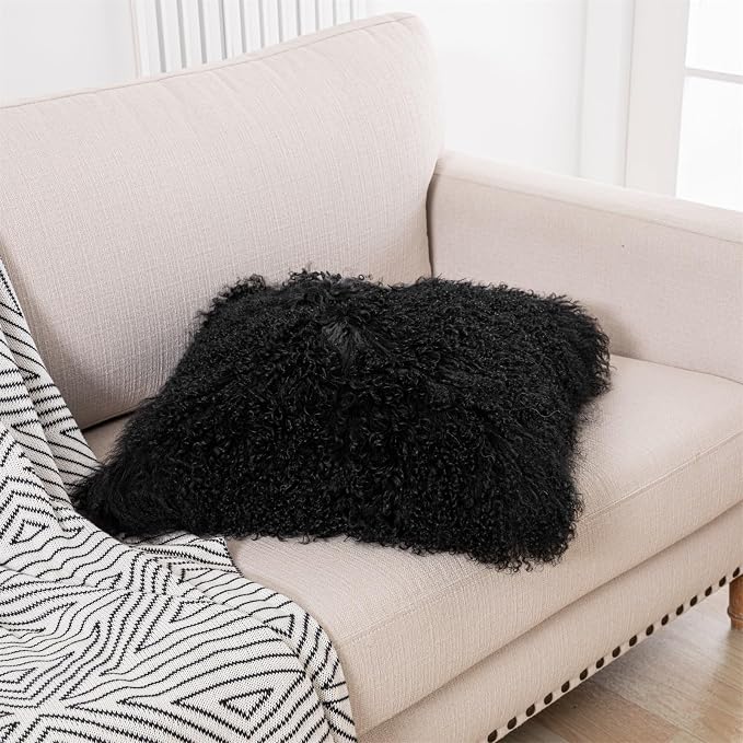 Tibetan Mongolian Lamb Fur Throw Pillow Cover 100% Real Sheepskin Fur Lamb Roll Wool Square Decorated for Livingroom Car Accessories Soft Fluffy Cushion Black 20''x20''