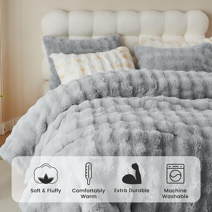 Simple&Opulence Fluffy Faux Fur Comforter Set, Plush Fuzzy Minky Bedding Set, 3 Pieces Warm Soft Comforter Bedding Set for Winter - 1 Shaggy Comforter with 2 Pillow Shams(Queen, Light Grey)