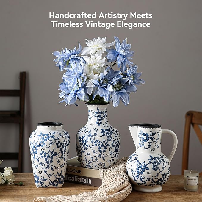 SURE YUESI Blue and White Flower Vase Vintage Chinoiserie Floral Ceramic Vase Handcrafted Round Flower Vase for Home Decor Centerpieces Living Room, Bookshelf, Office Rustic Table Centerpiece 9 in