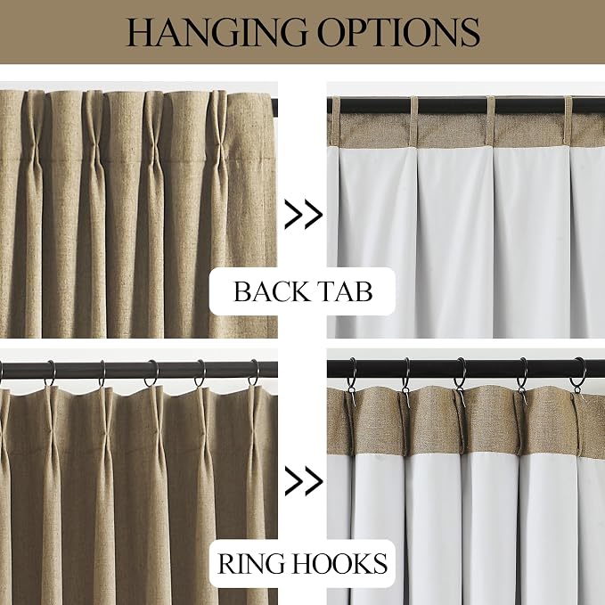 Vision Home Brown Pinch Pleated Full Blackout Curtains Linen Blended 60" Wide Thermal Insulated Window Panels 95 inch for Bedroom Living Room Darkening Pleat Drapes with Hooks Back Tab 60" Wx95 Lx1