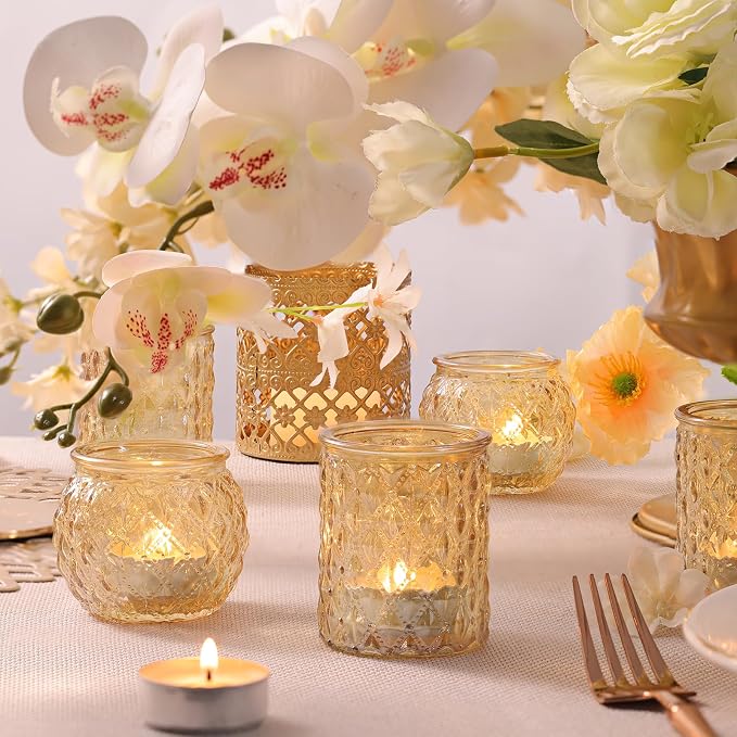 DARJEN 12Pcs Gold Votive Candle Holders - Glass Candle Holder for Table Centerpiece, Tea Light Candle Holders Glass for Wedding Shower, Home & Tea Party Decor