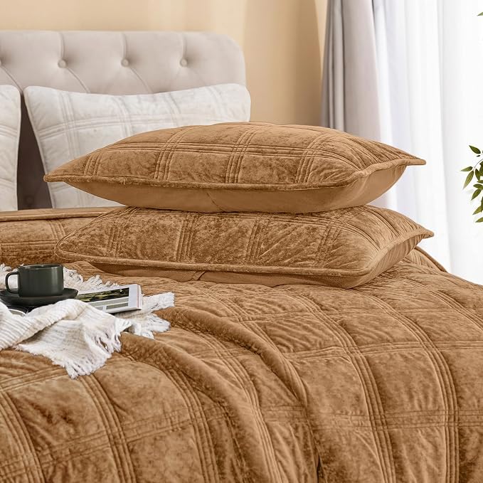 PHF Ultra Soft Velvet Quilt Set Twin Size – 2PCS Luxurious Cozy Quilted Comforter Alternative with Diamond Pattern, Warm Quilted Bedspread Coverlet, 68" x 92", Rusty Burnt Orange