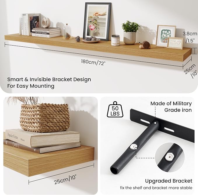Fun Memories 72 Inch Fireplace Mantel Shelf, 10 Inch Deep Shelves for Display & Wall Storage, Rustic Wood Wall Shelf, Extra Long Floating Shelves for Living Room Laundry Room, Oak, Set of 1