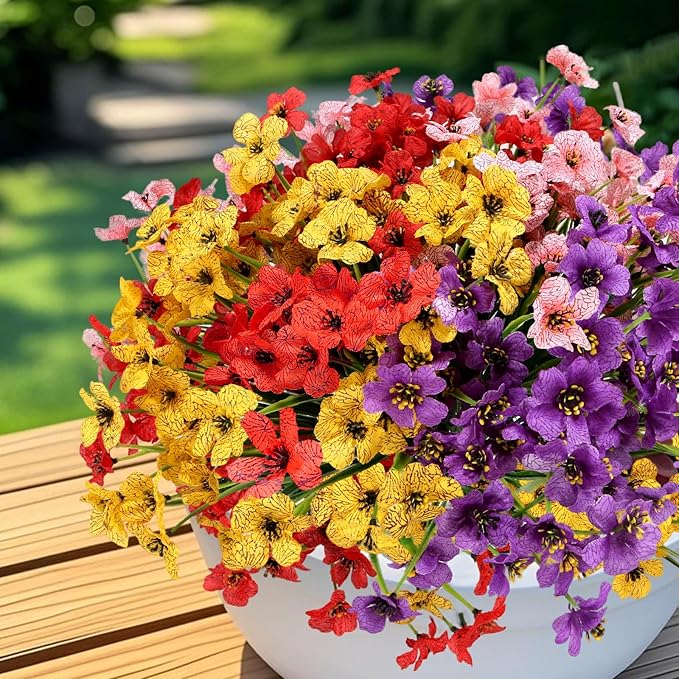 Geegoods Artificial Mums Flowers for Outdoors, 16 Bundles UV Resistant Fake Plastic Colorful Mix Flowers for Patio Porch Spring Summer Decor