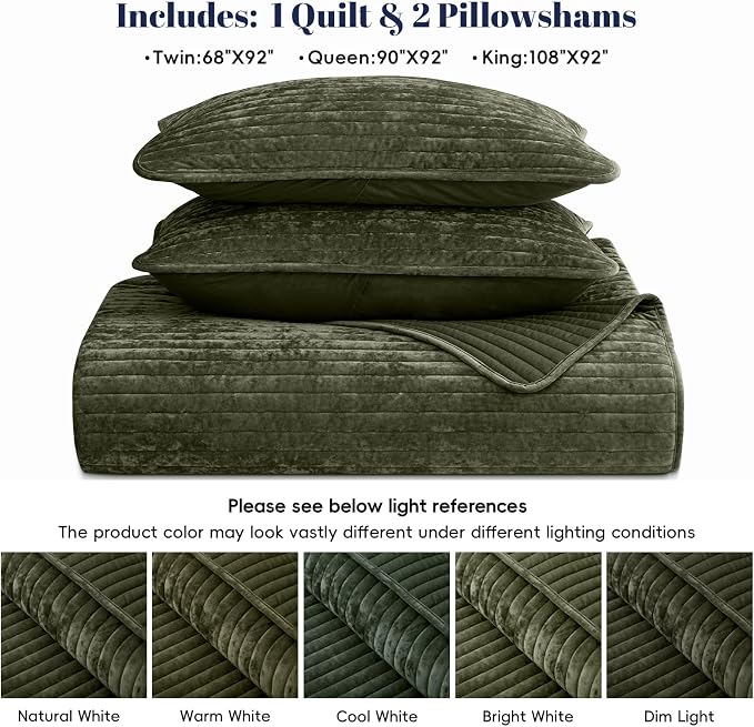 PHF Luxury Velvet Quilt Set King Size – 3PCS Ultra Soft Quilted Comforter Alternative with Striped Channel, Cozy Quilted Bedspread, 1 Coverlet with 2 Matching Shams, 108" x 92", Smokey Olive