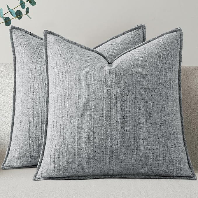 a moment Linen Pillow Covers Set of 2,Boho Farmhouse Throw Pillowcases Neutral Textured Decorative Covers for Couch Sofa,Soft Linen Blend Accent Case Cushion Living Room Home Decor 22"x22"Sky Gray