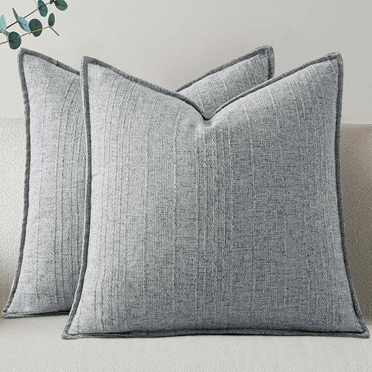 a moment Linen Pillow Covers Set of 2,Boho Farmhouse Throw Pillowcases Neutral Textured Decorative Covers for Couch Sofa,Soft Linen Blend Accent Case Cushion Living Room Home Decor 22"x22"Sky Gray