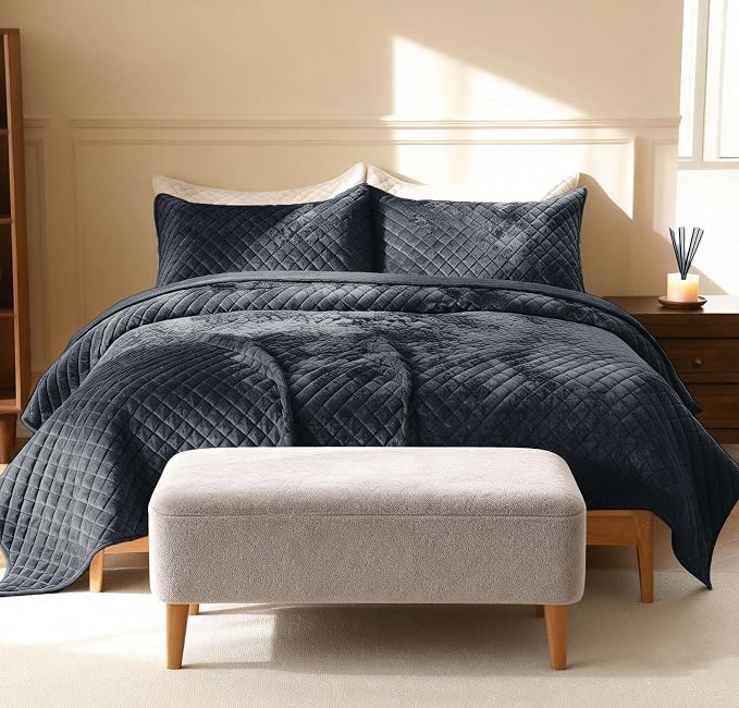 3-Piece Velvet Quilt Set King Size 98"x106" Bed Blanket Quilted Bedspread Soft Luxury Bedding with 2 Pillow Shams 20''x36'' for All-Season,Blue-Gray