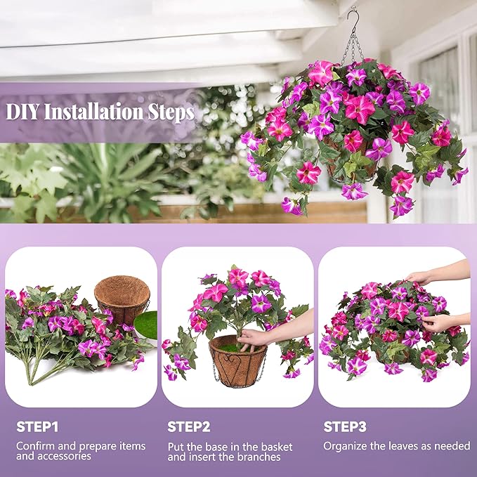 Ammyoo Artificial Hanging Fake Flowers with Basket Plants for Outdoor Decoration, Faux Silk Flower UV Resistant Morning Glory for Home Porch Patio Garden Balcony Yard Look Real (Fuchsia Lotus)
