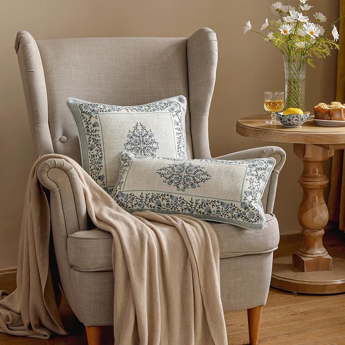 ISAENNE Designer Linen Throw Pillow Cover,Set of 2,18"x18"-Segerman A | Elegant Chinoiserie Square Pillow Cover,Concealed Zipper Design,Floral Pattern,Sofas,Bedroom,Living Room,Lounge Chairs