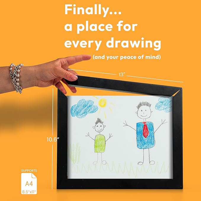 Magnetic Kids Art Frame 8.5x11 – Lift-Top Real Wood Artwork Display & Storage – Strap-Free Changeable Frame Holds 250 Drawings – Freestanding or Wall Mounted - Black