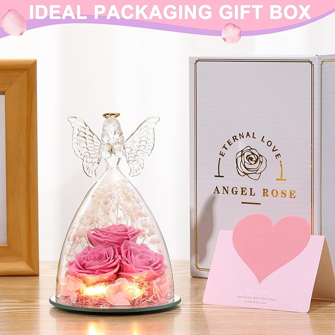 Mothers Day Rose Gifts for Women Preserved Real Flower in Glass Angel Figurines Roses for Delivery Prime Birthday Gifts for Mom Grandma Girlfriend Wife Her, Sweet Pink