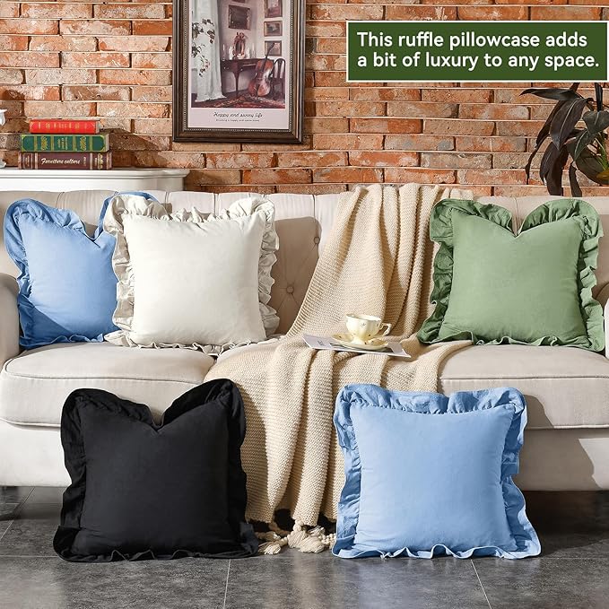 AmHoo Pack of 2 Throw Pillow Covers 100% Cotton Pre Washed Ruffle Decorative Pillowcase Cushion for Couch Sofa Bedroom 20 x 20-Inch Light Blue