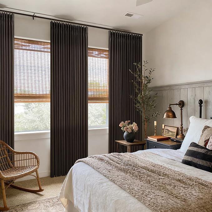 Dark Chocolate 108 Inch Pinch Pleated Linen Curtains 2 Panels Set for Living Room Bedroom Boho Farmhouse Light Filtering Semi Sheer Back Tab Pinch Pleat Hooks Rings Window Curtain 108 Inches Long