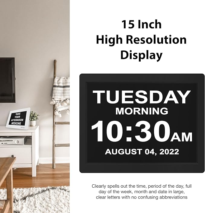 American Lifetime Dementia Clock - Large Digital Clock for Seniors, Custom Alarms, Day & Date Display, Black, 15 Inches