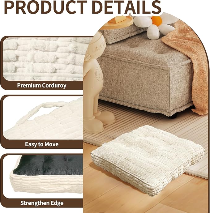 Floor Cushions, Corduroy Floor Pillow, Floors Pillows for Adults & Pets, Large Floors Pouf, Square Floored Pillows for Sitting & Yoga(2PC, Beige White，22"×22"×5.9")