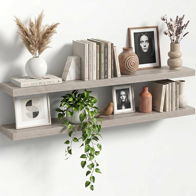 48" Floating Shelves for Wall, Set of 2, 8" Deep, 1.5" Thick, Gray | Rustic Wood Wall Shelves with Invisible Brackets, Storage and Display for Bathroom, Bedroom, Living Room or Kitchen