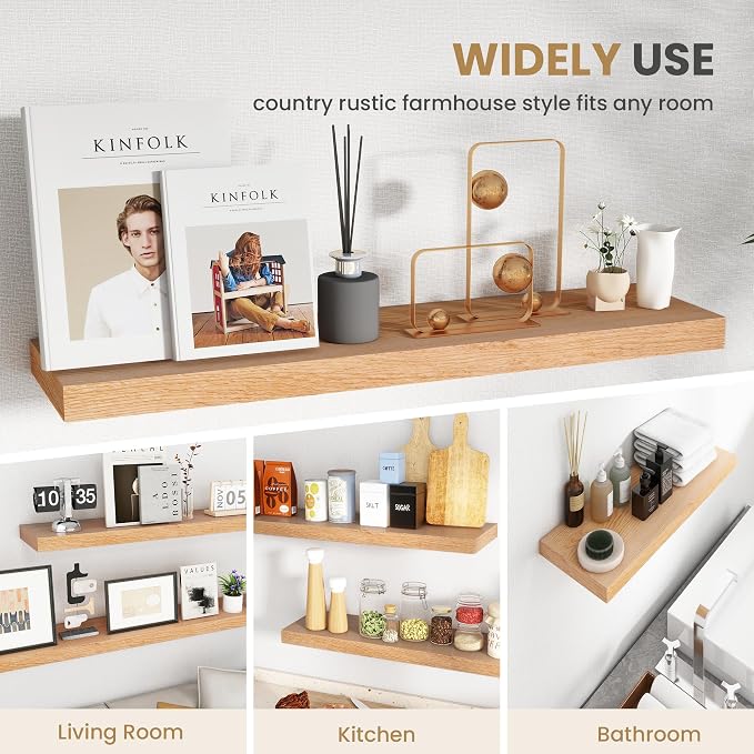 RICHFOCUS Floating Shelves for Wall 72 Inch Solid USA-Sourced Oak Wooden Shelves for Bathroom Kitchen 9" Deep Modern Wood Shelf with Heavy-Duty Bracket for Wall Mounted, Natural Finish