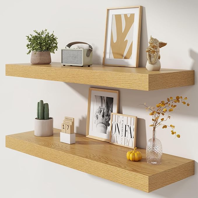 FLYJOE Deep Floating Shelves | 40 Inch Oak Floating Shelves Set of 2 | 12 Inch Deep Wood Wall Shelves | 40" W x 12" D Oak Shelves for Bathroom Living Room Kitchen Laundry Room