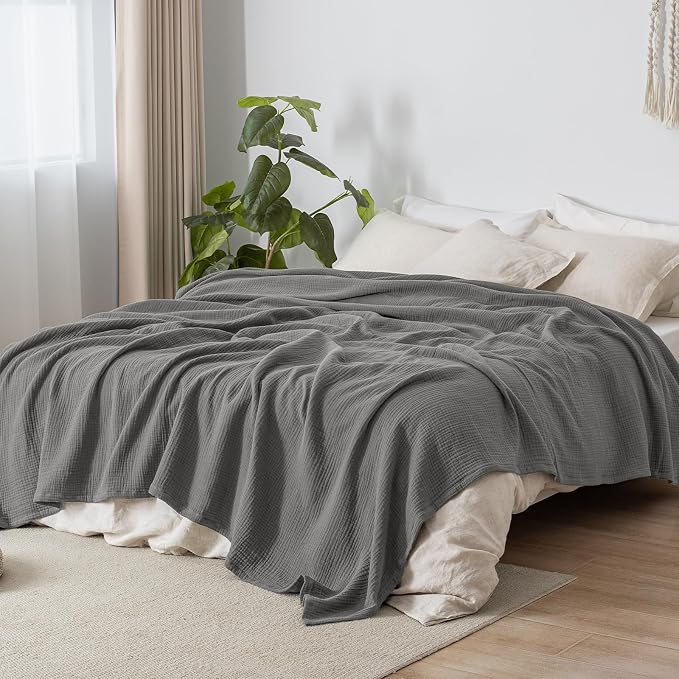 PHF 100% Cotton Muslin Blanket King Size 108"x90", 4-Layer Lightweight Gauze Throw, Breathable Cloud-Soft Minimalist Blanket for Bed, Couch, Camping & Baby, Greyish Black, Ideal Gift