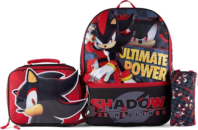 AI ACCESSORY INNOVATIONS Sonic the Hedgehog 5 PC Backpack Set for Girls & Boys, 16” Book Bag Featuring Shadow The Hedgehog, Black