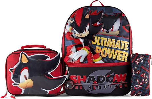 AI ACCESSORY INNOVATIONS Sonic the Hedgehog 5 PC Backpack Set for Girls & Boys, 16” Book Bag Featuring Shadow The Hedgehog, Black
