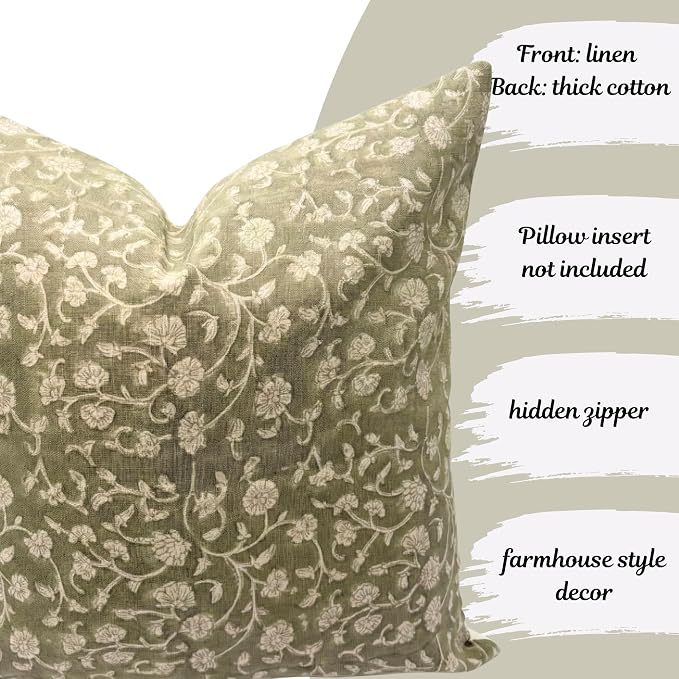 Linen Throw Pillow Covers 20x20 inch Floral Pillows Green Spring Decorative Pillow Covers for Living Room, Bedroom