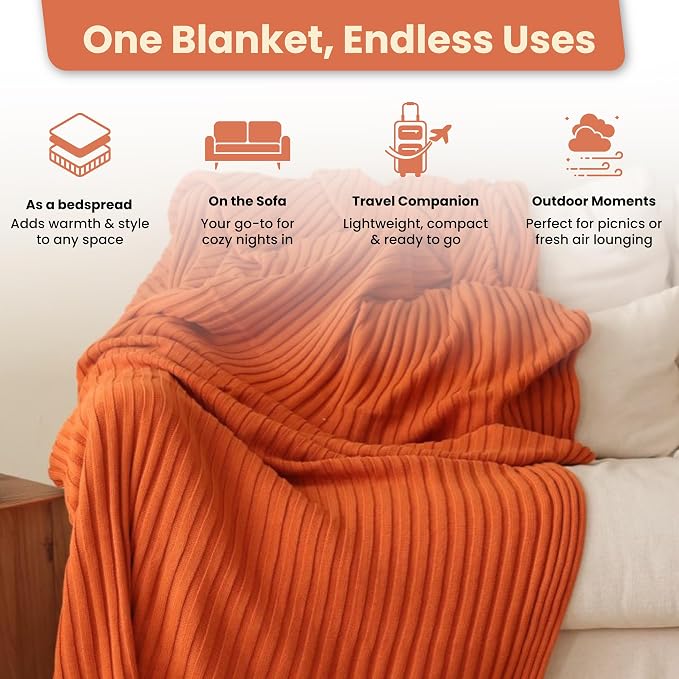 Dalisa Denise 100% Organic Cotton Knit Throw Blanket, Harvest Pumpkin, 50x60 Inches, GOTS-Certified, Crochet Knit, Adult, Eco-Conscious Luxury
