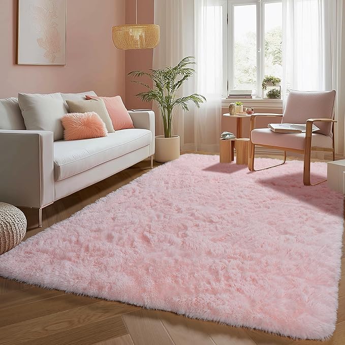 PAGISOFE Pink Fluffy Plush Area Rug 5x8, Kids Shag Rugs for Bedroom Girls, Living Room, Pastel Carpet Nursery Floor Girls Dorm Rug, Plush Soft Kids Rug for Room Decor Aesthetic Kawaii Pink Rugs