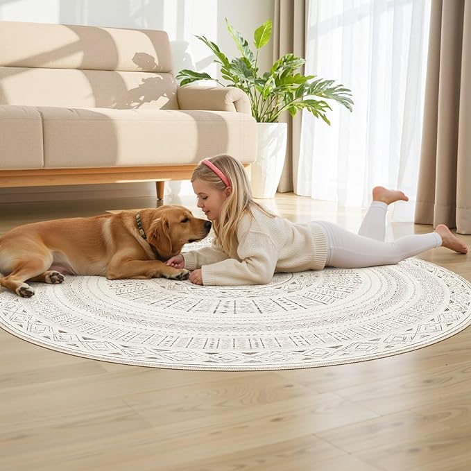 cotiled 5x5 Round Area Rug Living Room: Washable Boho Rugs with Non Slip Backing Large Soft Indoor Stain Resistant Carpet for Bedroom Farmhouse Dining Room Lightweight Home Decor L Brown/Cream