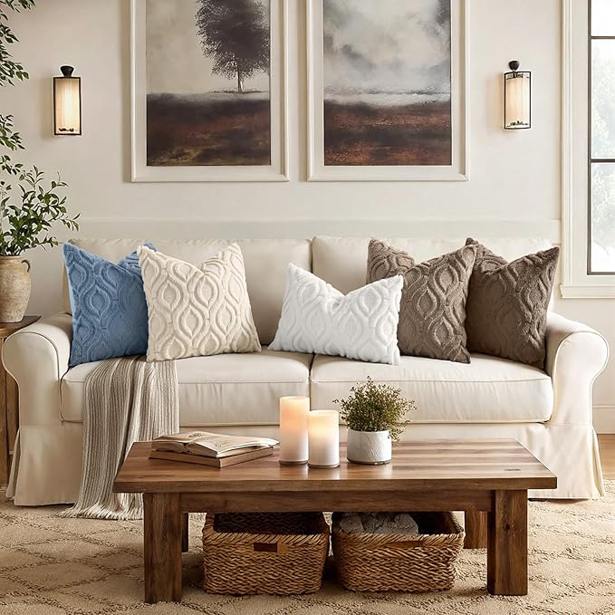 decorUhome Throw Pillow Covers 16x16 Inch Set of 2, Soft Plush Faux Wool Bluen Solid Couch Pillow Covers, Accent Farmhouse Neutral Square Pillow Cases for Sofa Bed Living Room